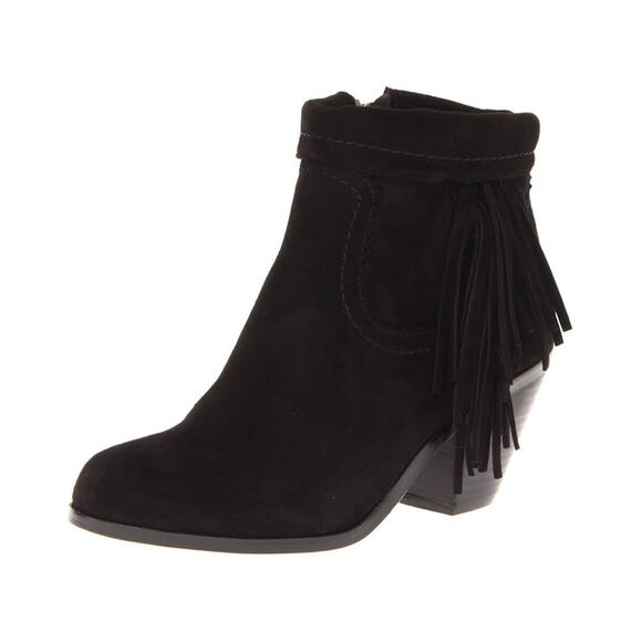 Sam Edelman Louie Women's Black Fringe Trim‎ Suede Leather Ankle Boots Size 7.5 - Picture 1 of 8